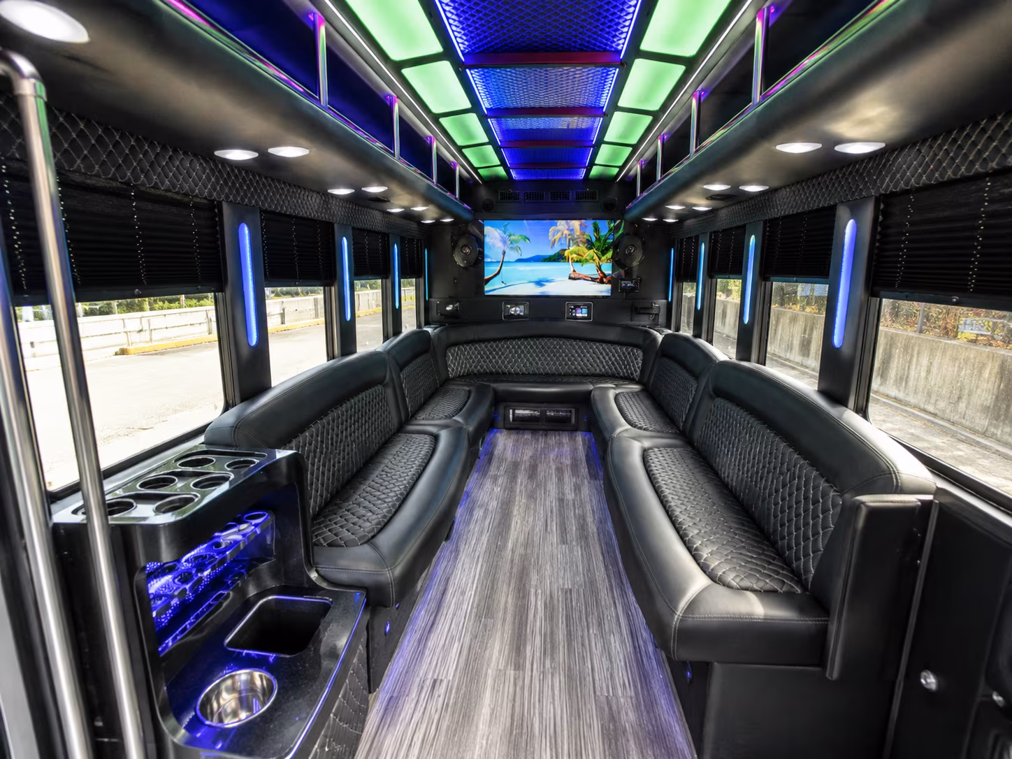 rialto 18 passenger party bus inside